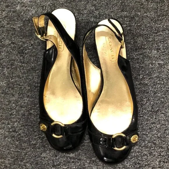 Coach Patent Leather Octava Low Heels Slingback Turnlock Black Size 7.5 - Picture 2 of 14
